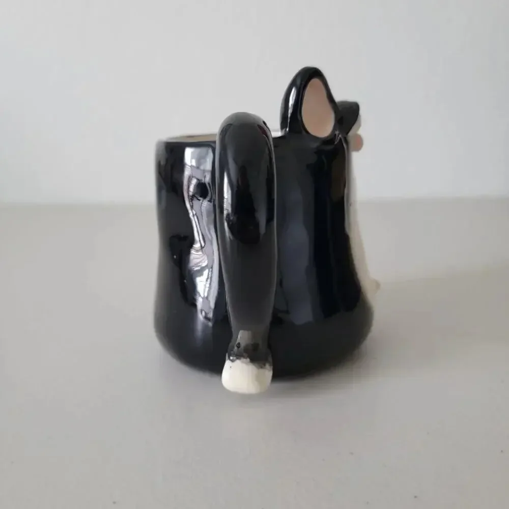 Stylized Cat Ceramic Mug Black Cream Figural Coffee Cup Cat Lover Collectible
